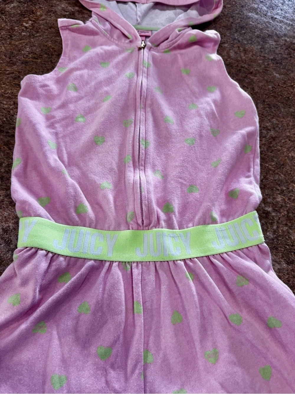 Juicy Couture Kids Hooded Romper Size 8/10 Pink Velour Hearts Sleeveless